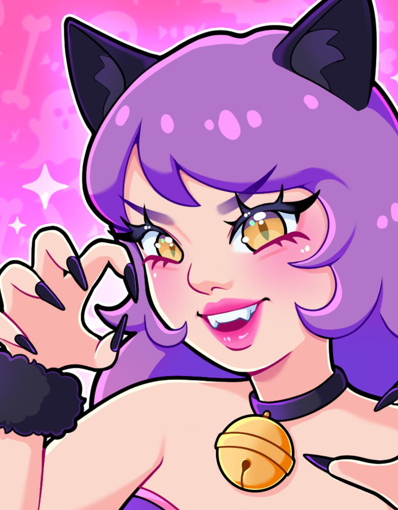 Illustration of Youtuber and TikToker, CyberKiki with purple hair, holding a pride flag and her cat Momo sitting on her shoulder.