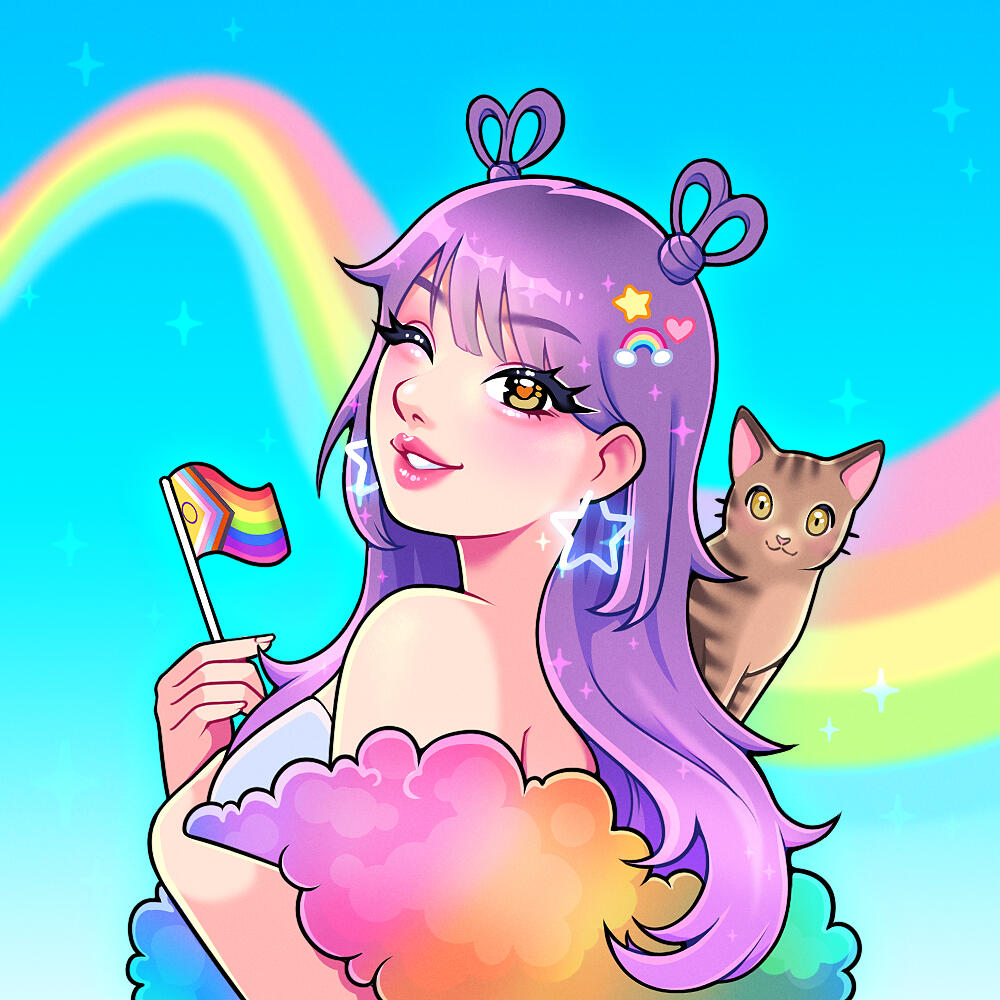 Illustration of Youtuber and TikToker, CyberKiki in chibi form standing on top of a kawaii, Y2K flip phone with her cat, Momo.