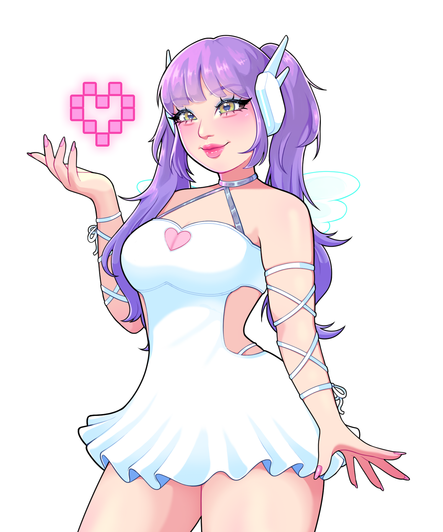 Illustration of Youtuber and TikToker, CyberKiki in a white dress and headset holding a floating pixel heart.